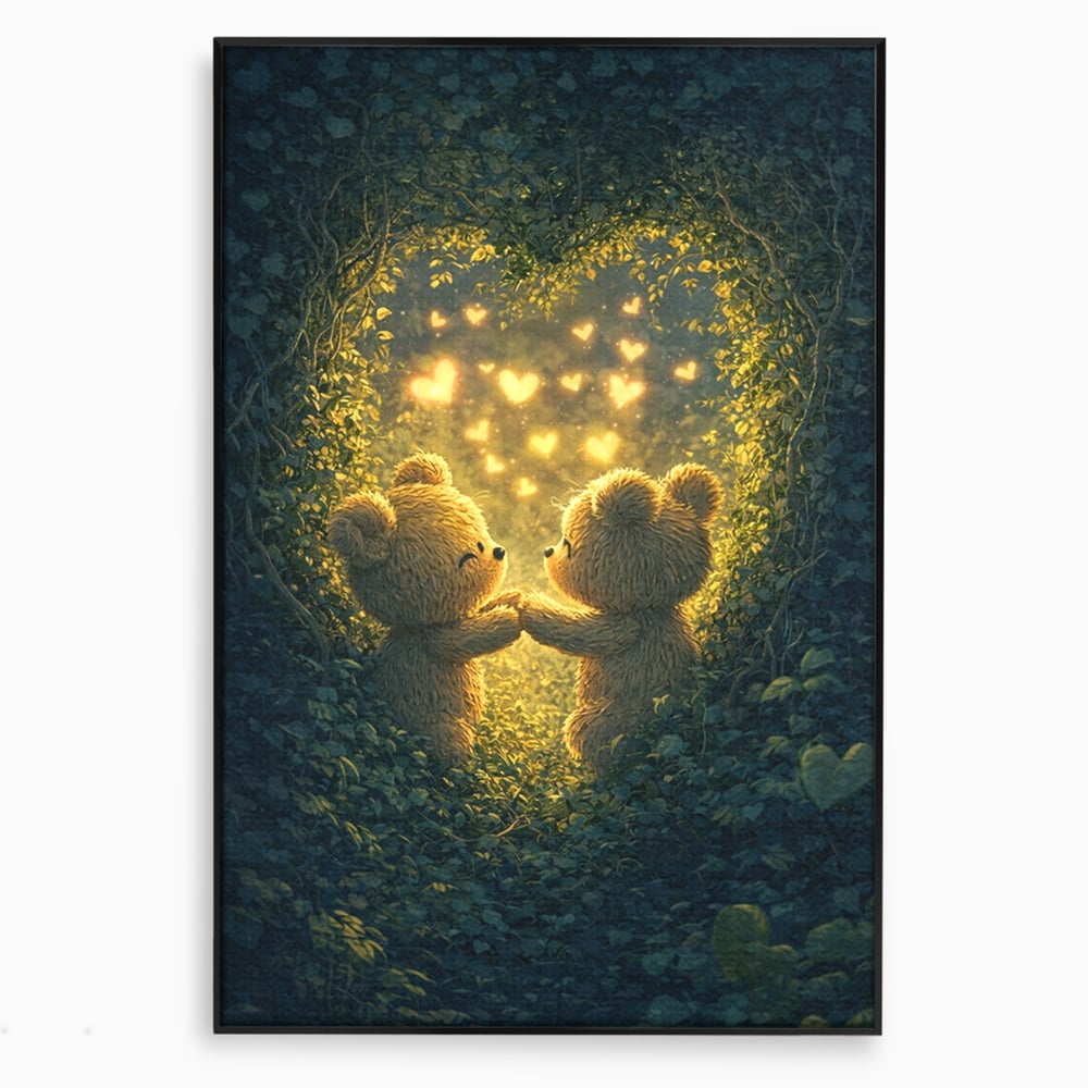 Tablou canvas cu doi ursuleti pufosi in padure, in rama de aluminiu negru